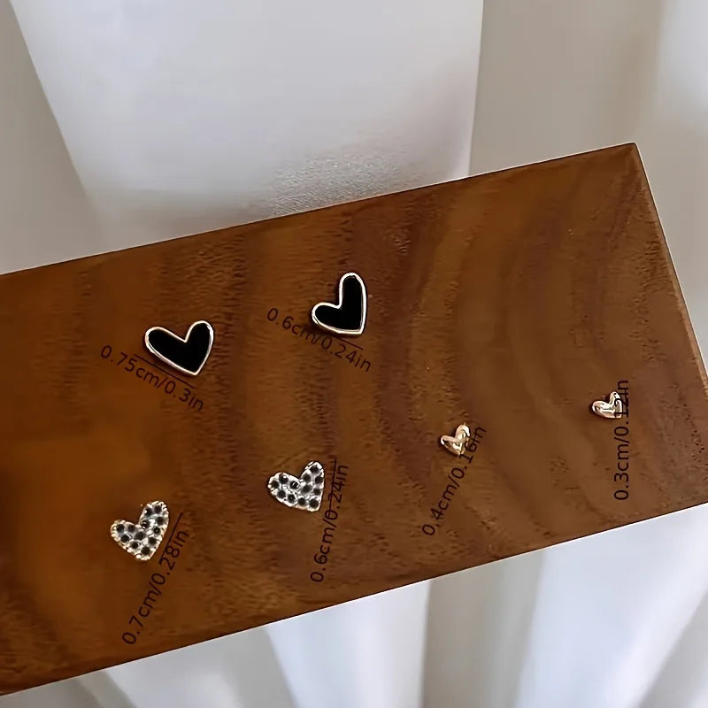 Rhinestone Heart Stud Earrings - Black & White Enamel Charm