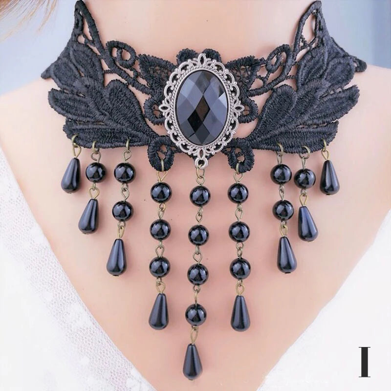 Vintage Gothic Tattoo Lace Choker | Black Crystal Pendant | Boho Jewelry | USA