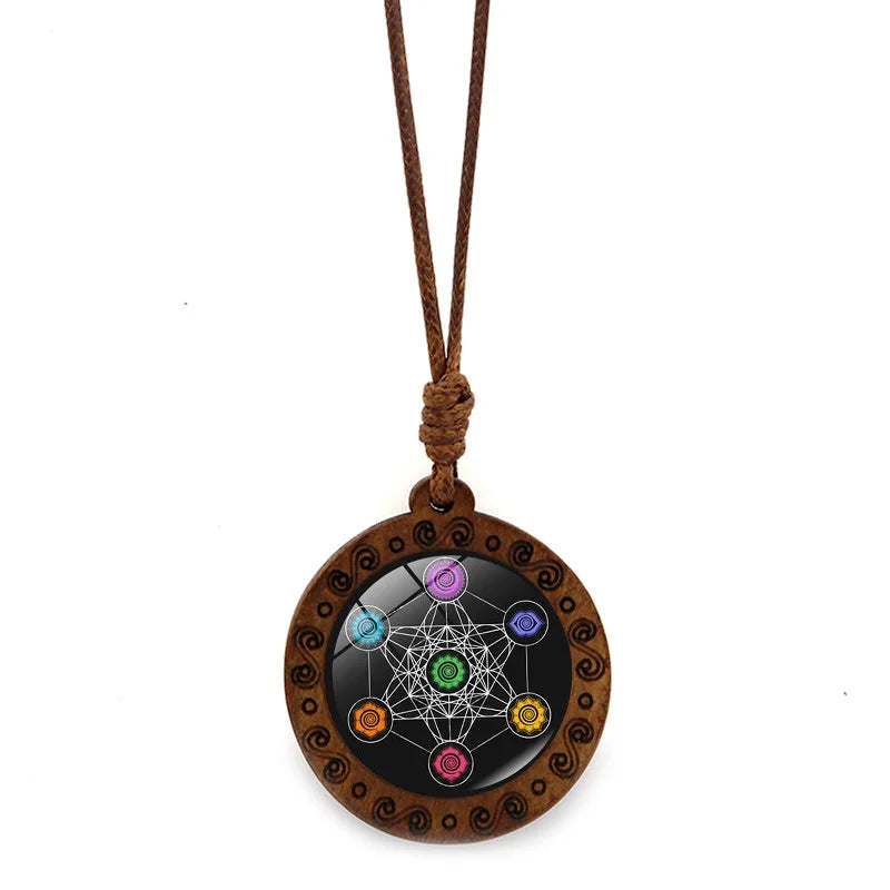 Vintage Archangel Metatron Cube Wooden Necklace | Sacred Geometry