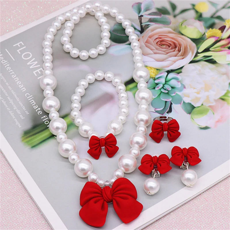 Bow Pearl Jewelry Set for Girls | Necklace Bracelet Earrings Ring | Student | USA