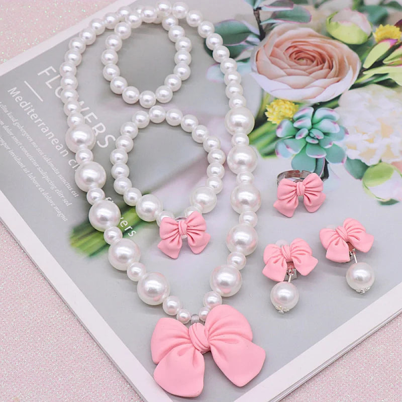 Bow Pearl Jewelry Set for Girls | Necklace Bracelet Earrings Ring | Student | USA