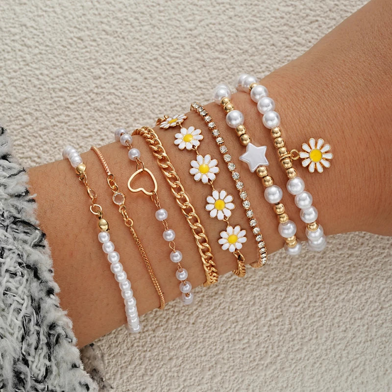 10-Piece Vintage Bohemian Bracelet Set | Daisy Flower Pearl Bangles | USA