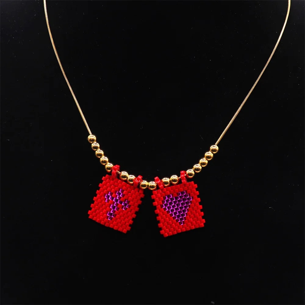 ZHONGVI Miyuki Heart Cross Pendant Necklace | Gold Plated Steel | Worldwide Shipping