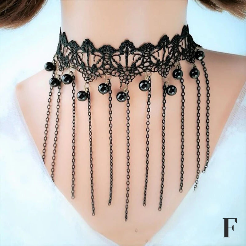 Vintage Gothic Tattoo Lace Choker | Black Crystal Pendant | Boho Jewelry | USA