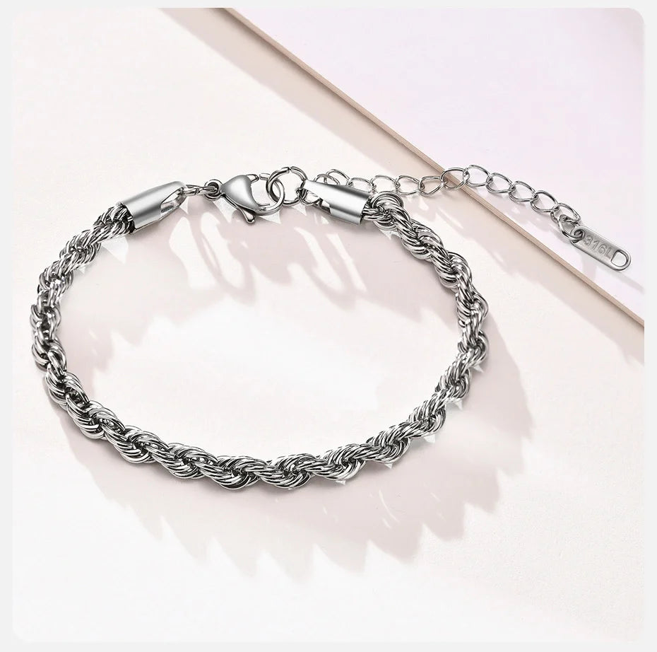 Unisex Rope Chain Bracelet | Stainless Steel Twisted Links | Women Men | USA