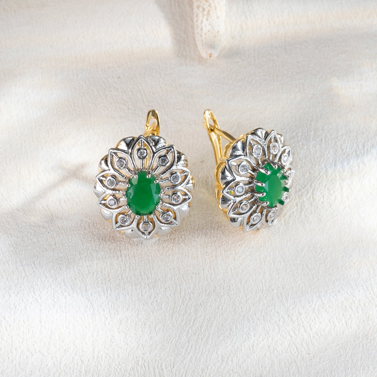 Floral Style Inlaid Main Green Zircon Fashion Jewelry Sets Women's Earrings Ring Copper plating 2 Color 14K Gold For Luxury Gift