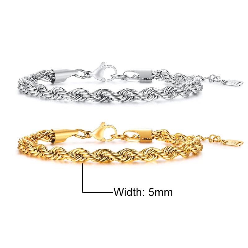 Unisex Rope Chain Bracelet | Stainless Steel Twisted Links | Women Men | USA