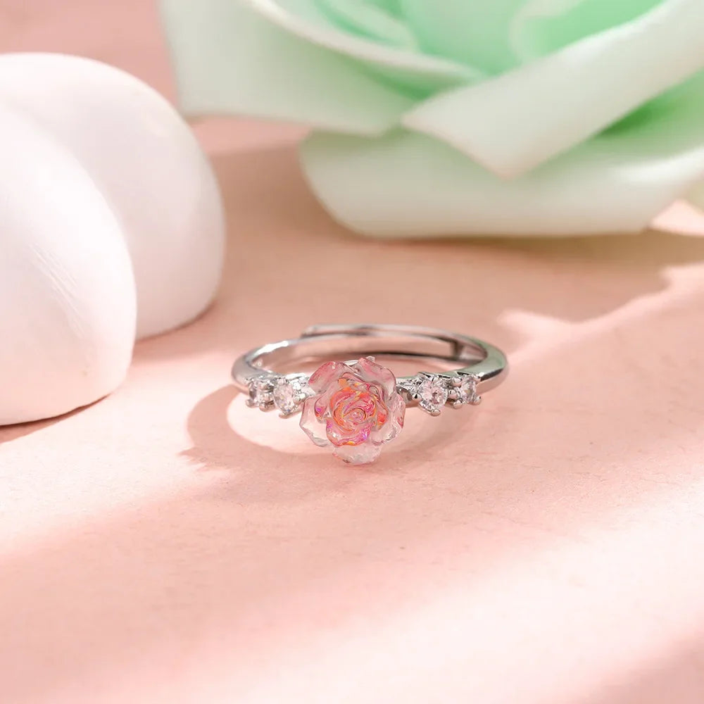 Rose Flower Sterling Silver Ring | Adjustable Pink Zircon Floral Band | USA