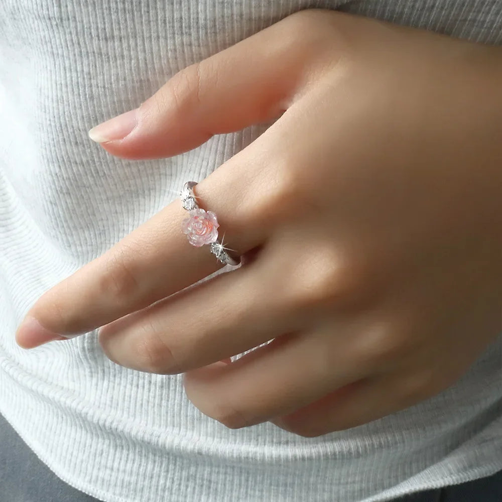 Rose Flower Sterling Silver Ring | Adjustable Pink Zircon Floral Band | USA