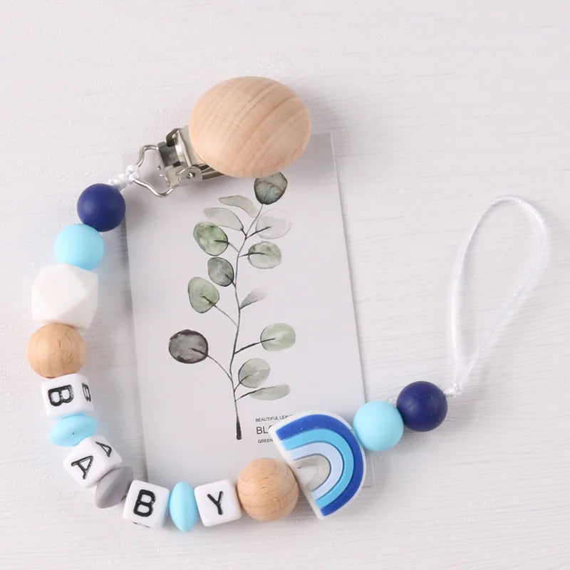 Custom Name Pacifier Holder Chain | Wooden Clip Silicone Teether | USA Australia