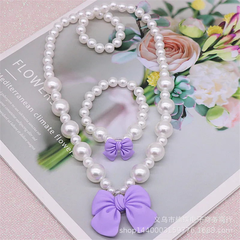 Bow Pearl Jewelry Set for Girls | Necklace Bracelet Earrings Ring | Student | USA