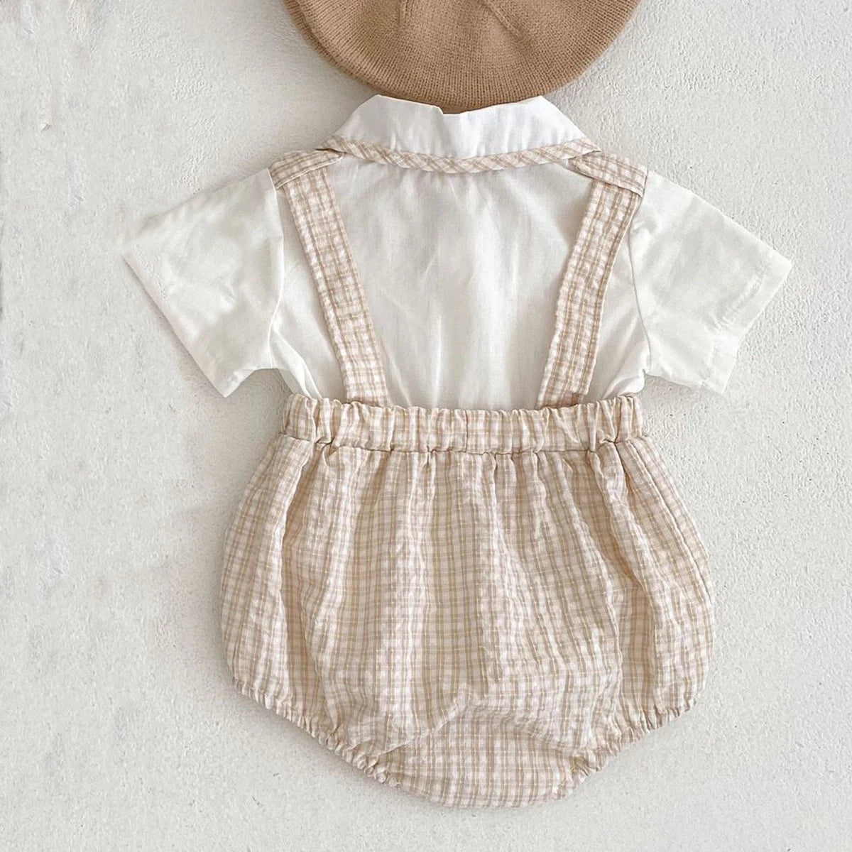 Instagram summer baby jumpsuit, male and female baby doll collar, plaid fake two-piece triangular jumpsuit, crawling