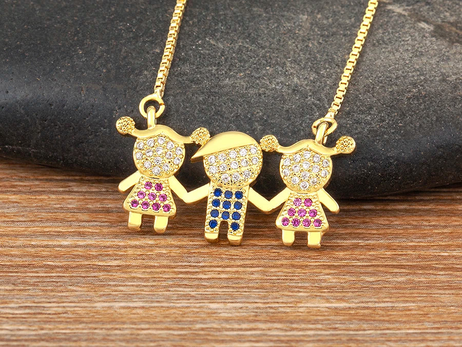 Nidin Gold Plated Family Pendant Necklace | AAA CZ Crystal Kids Jewelry | USA