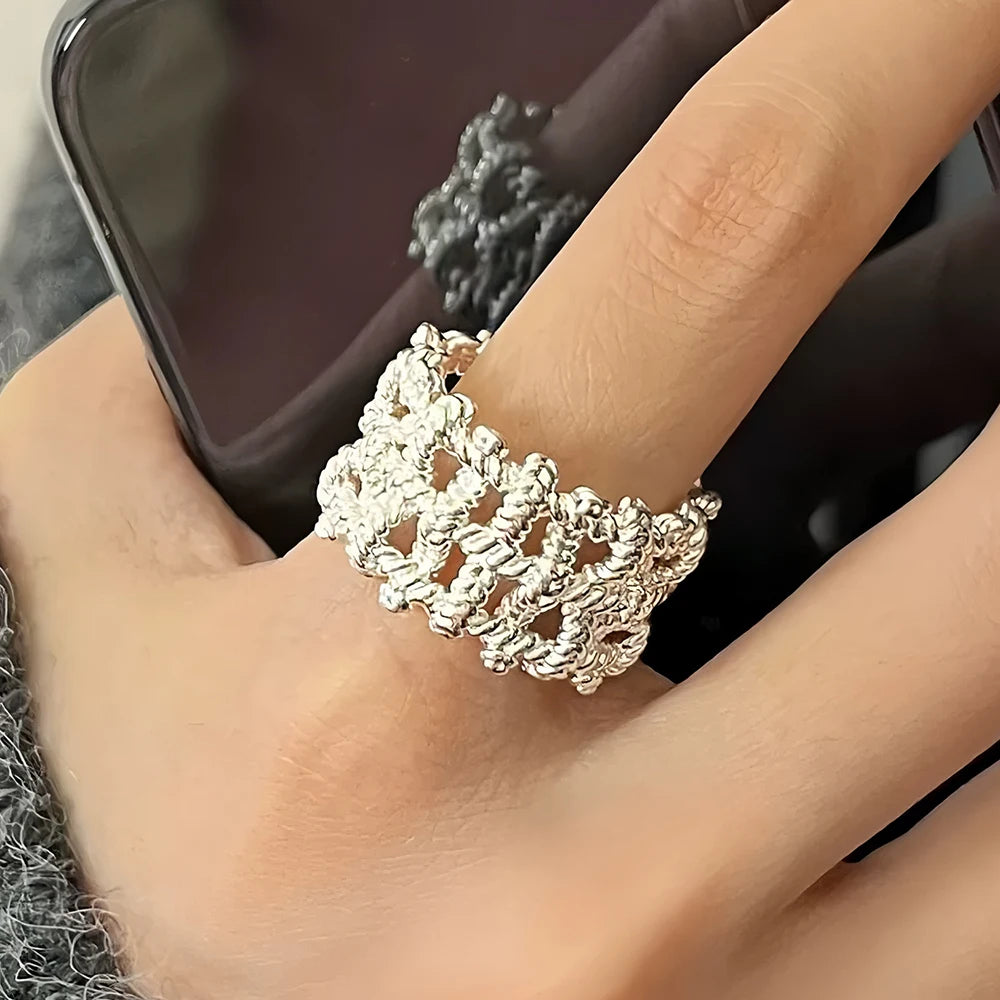 Sterling Silver Flower Lace Ring | CZ Adjustable Korean Fashion | Women | USA