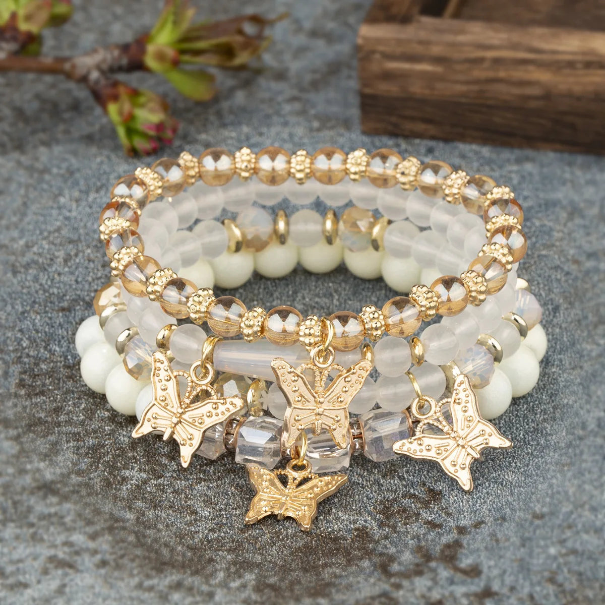 Butterfly Beaded Bracelet Set | 4 Piece Pink Bohemian Stack | USA Australia