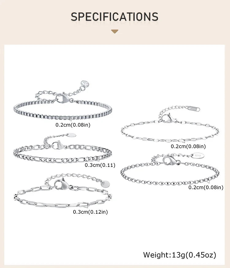 Stainless Steel Link Chain Bracelet | Silver Stackable Layered Set | USA