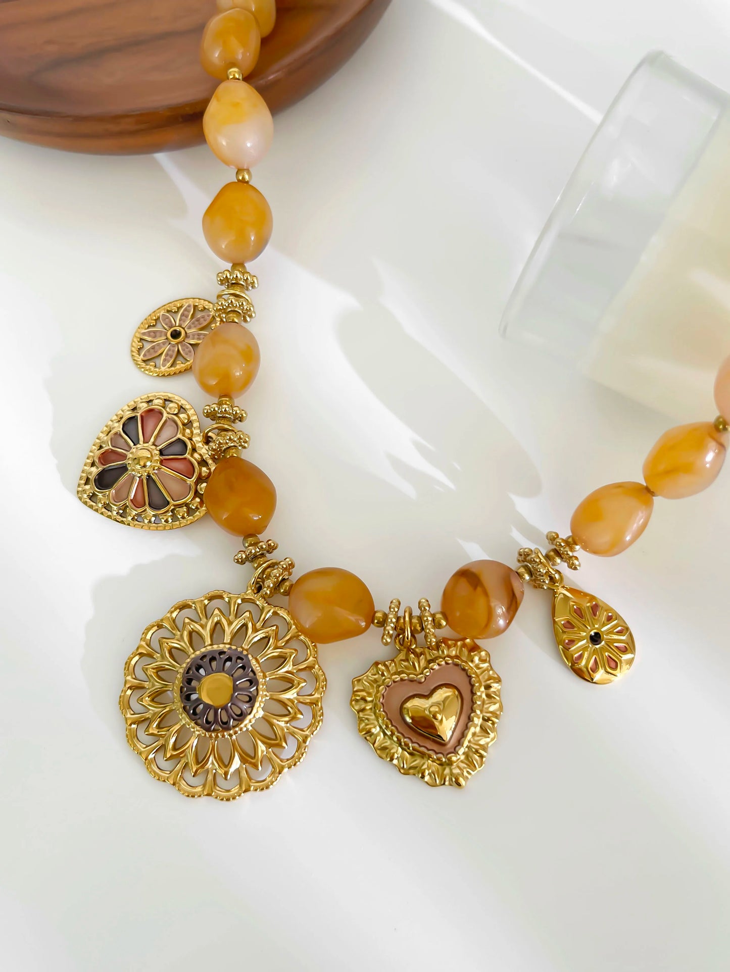 18K Gold Plated Heart Pendant Necklace | Resin Bead Chain | Women's Jewelry