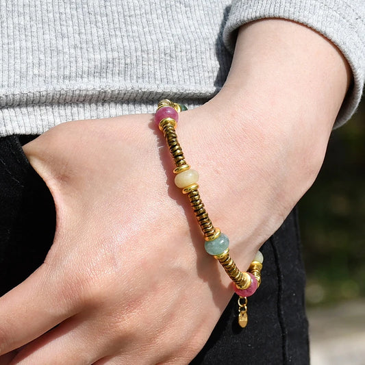 Natural Stone Beaded Bracelet | Colorful Bohemian Gold Chain | Women | USA
