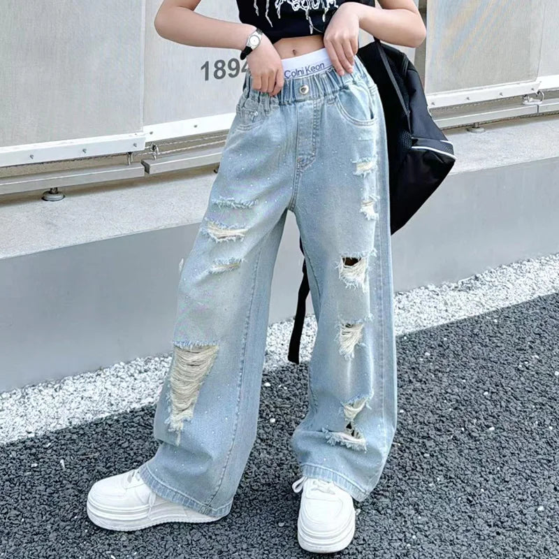 Kids Girls High Fashion Ripped Jeans | Destroyed Denim Pants | Ages 5-14 | USA