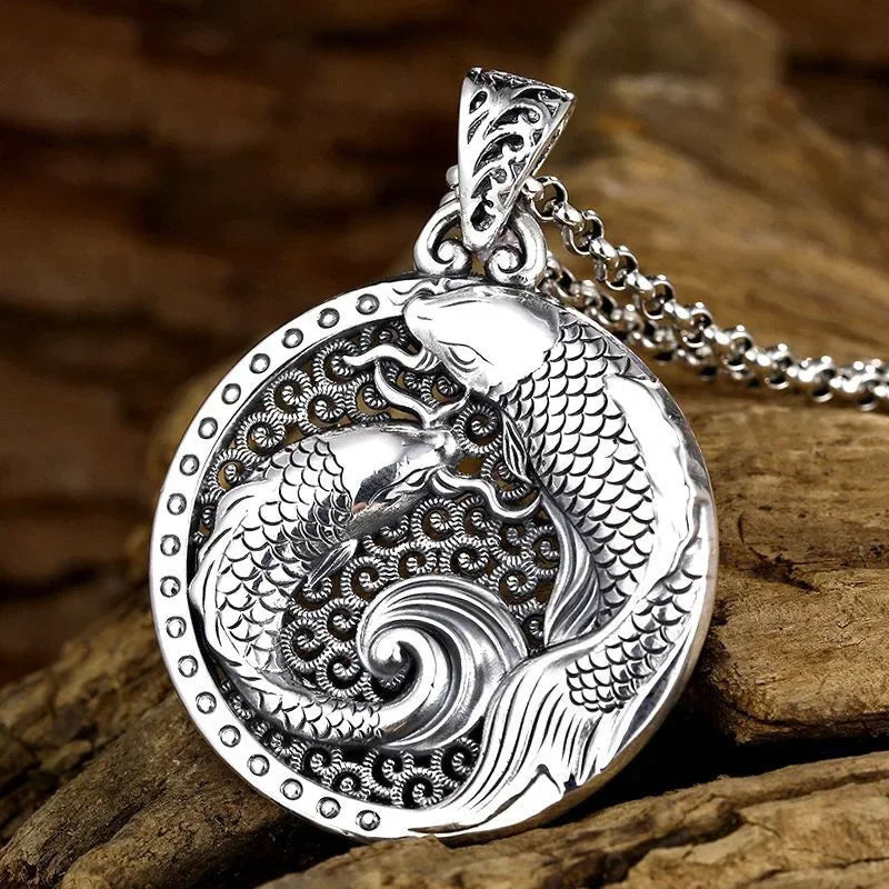 925 Silver National Style Glossy Double Fish Necklace for Men and Women New in Hollow Out Round Pendant Creative Vintage Jewelry