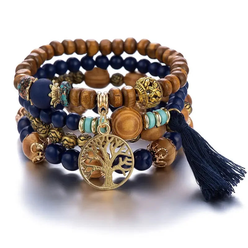 4-Piece Tree of Life Bracelet Set | Wooden Beaded Boho Bangles | USA Australia
