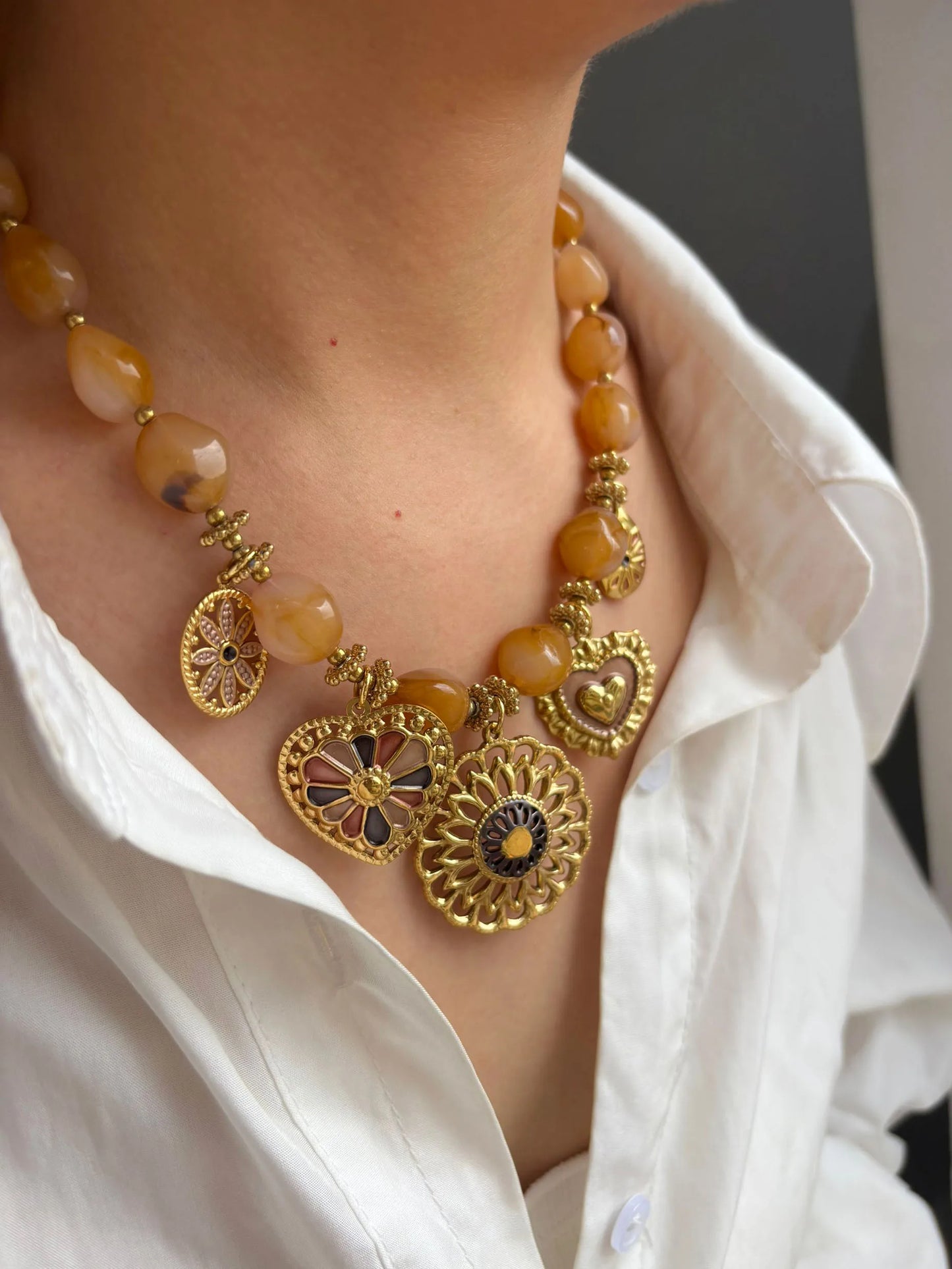 18K Gold Plated Heart Pendant Necklace | Resin Bead Chain | Women's Jewelry