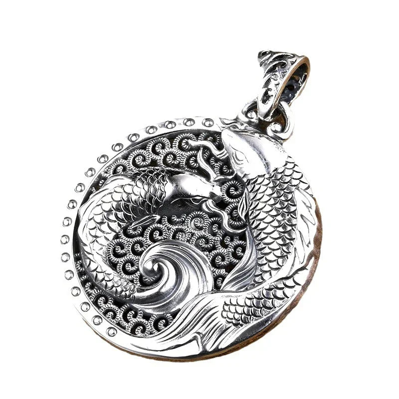 925 Silver National Style Glossy Double Fish Necklace for Men and Women New in Hollow Out Round Pendant Creative Vintage Jewelry