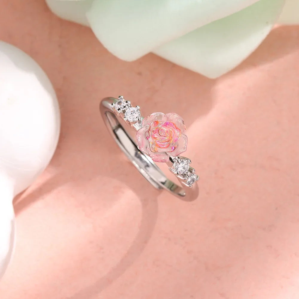 Rose Flower Sterling Silver Ring | Adjustable Pink Zircon Floral Band | USA