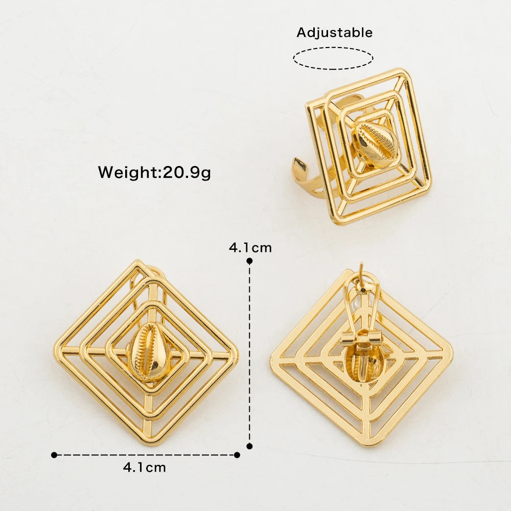 4sets Earrings with Ring Luxury Dubai African Gold Color Jewelry Sets for Women Weddings Bride Party Geometry Jewellry Accessory
