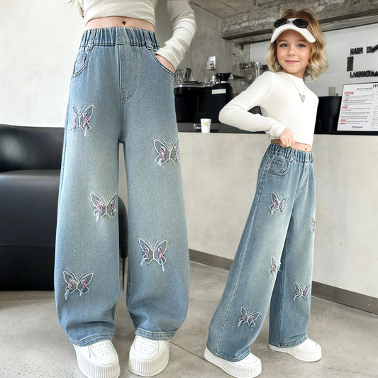 Girls Butterfly Ripped Jeans | Wide-Leg Pants Fashionable Slimming | Kids | USA