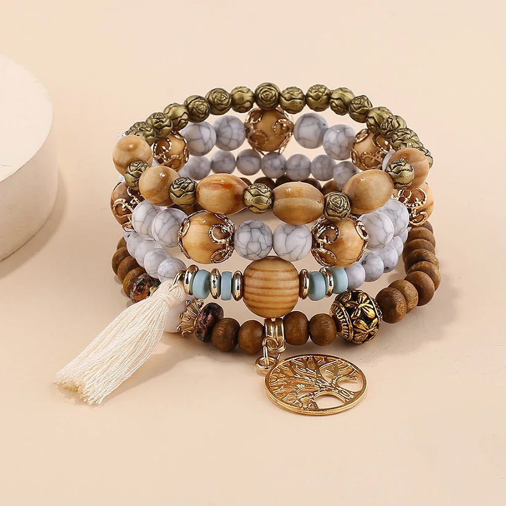 4-Piece Tree of Life Bracelet Set | Wooden Beaded Boho Bangles | USA Australia