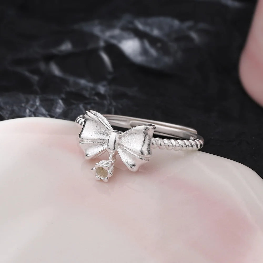 Sterling Silver Flower Bow Ring - Love Combination Adjustable Design
