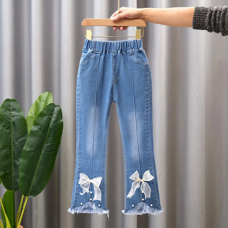 2024 Autumn Elastic Kids Jeans | Girls Cute Bow Denim Flared Pants | Ages 3-12 | USA