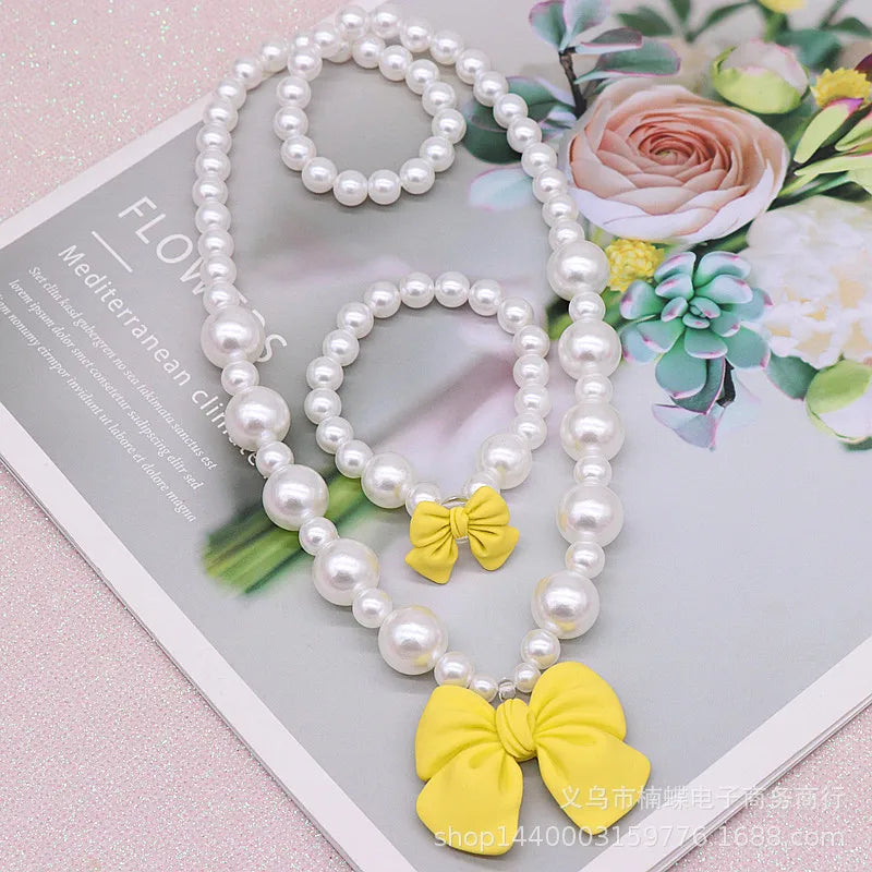 Bow Pearl Jewelry Set for Girls | Necklace Bracelet Earrings Ring | Student | USA