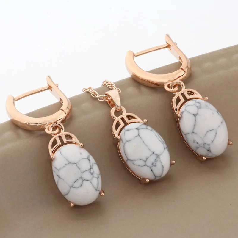 Luxury 585 Rose Gold Color Wedding Jewelry Sets Natural Stone Jewelry Set High Quality Dangle Earring Necklace Sets Gifts