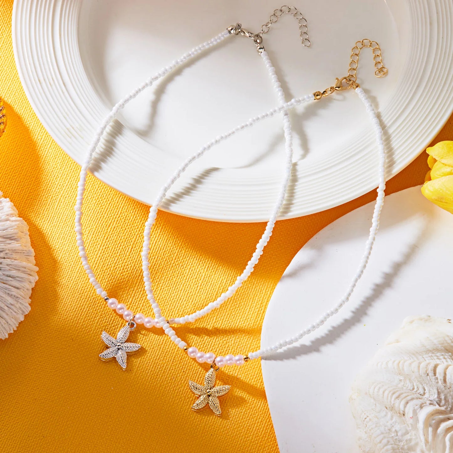 Bohemian Rice Beads Starfish Necklace | Pearl Beaded Choker | Summer Beach