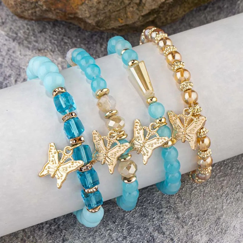 Butterfly Beaded Bracelet Set | 4 Piece Pink Bohemian Stack | USA Australia