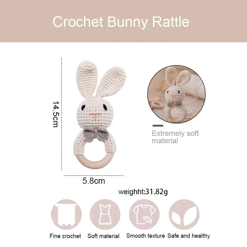 Wooden Elephant Rattle Teether | Crochet Baby Toy Montessori | USA Australia