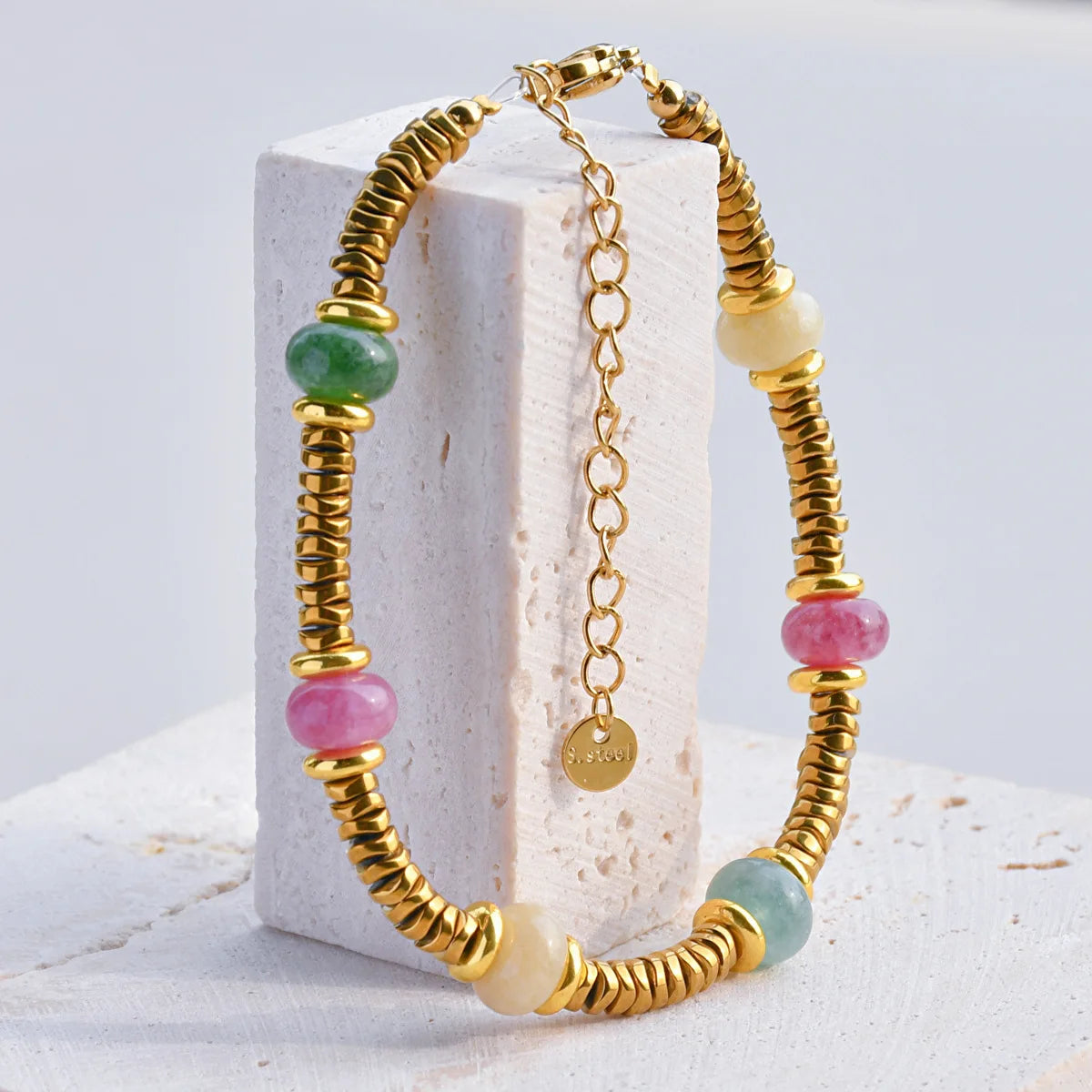 Natural Stone Beaded Bracelet | Colorful Bohemian Gold Chain | Women | USA