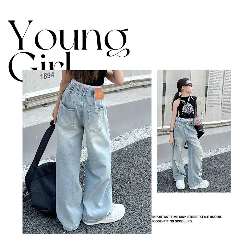 Kids Girls High Fashion Ripped Jeans | Destroyed Denim Pants | Ages 5-14 | USA