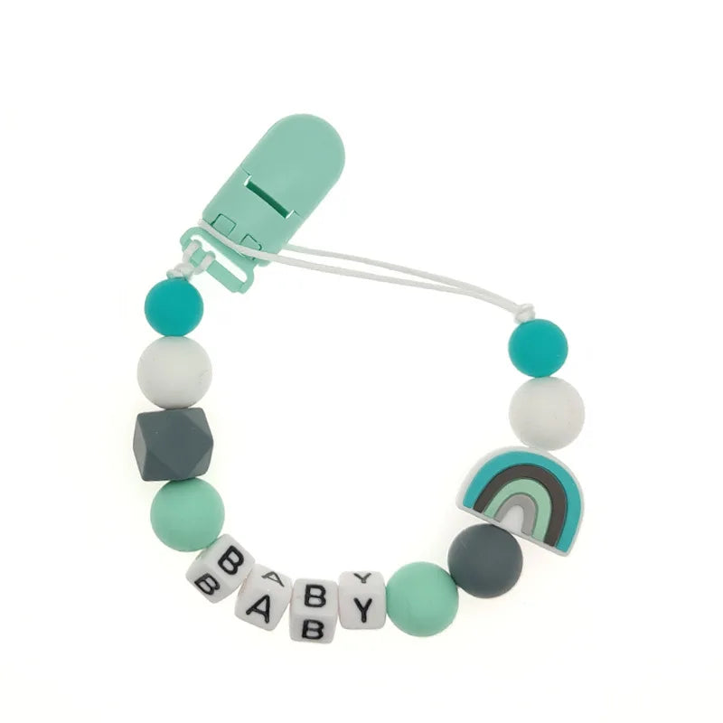 Custom Name Pacifier Holder Chain | Wooden Clip Silicone Teether | USA Australia