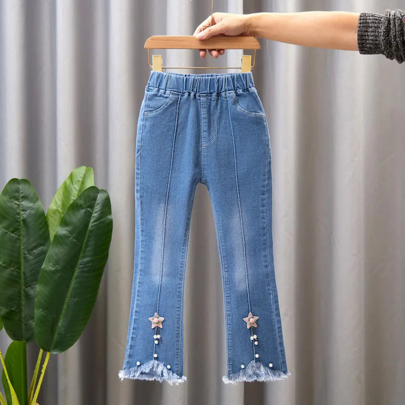 2024 Autumn Elastic Kids Jeans | Girls Cute Bow Denim Flared Pants | Ages 3-12 | USA