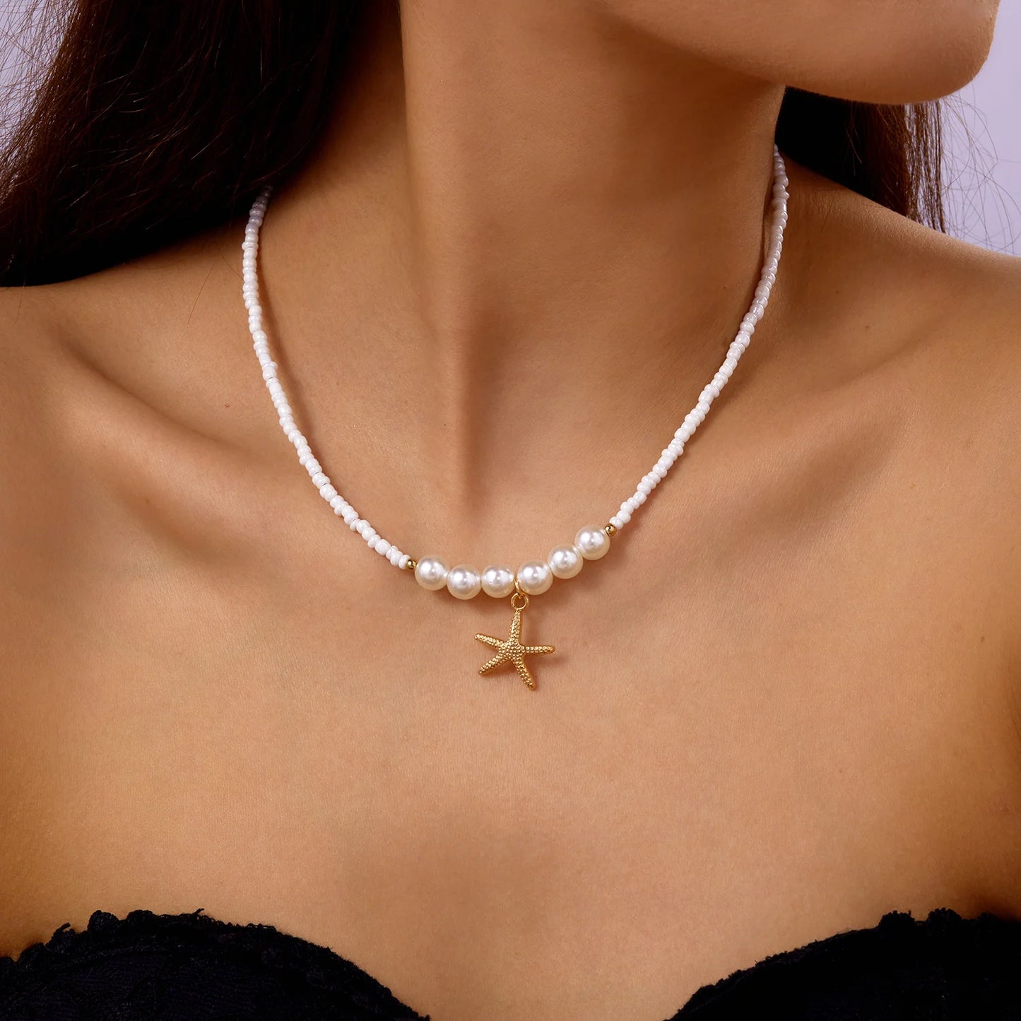 Bohemian Rice Beads Starfish Necklace | Pearl Beaded Choker | Summer Beach