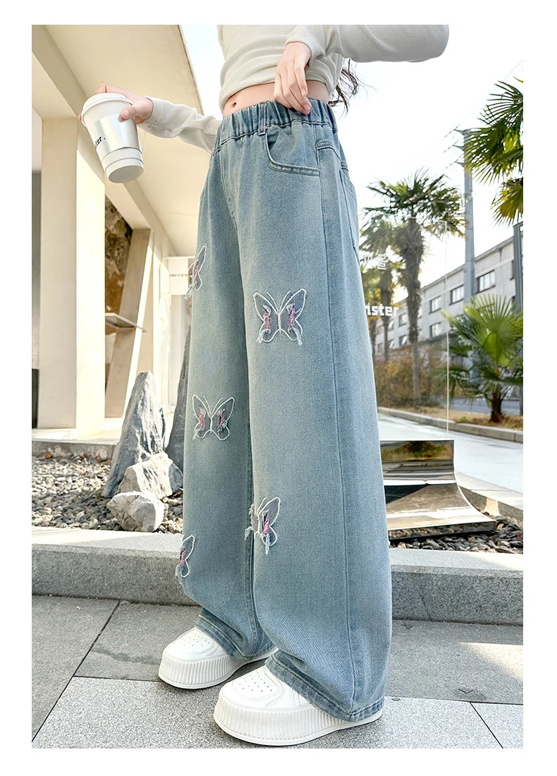 Girls Butterfly Ripped Jeans | Wide-Leg Pants Fashionable Slimming | Kids | USA