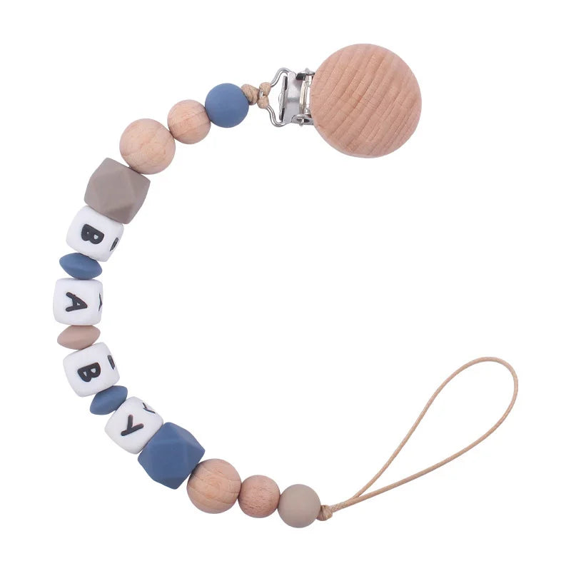 Custom Name Pacifier Holder Chain | Wooden Clip Silicone Teether | USA Australia