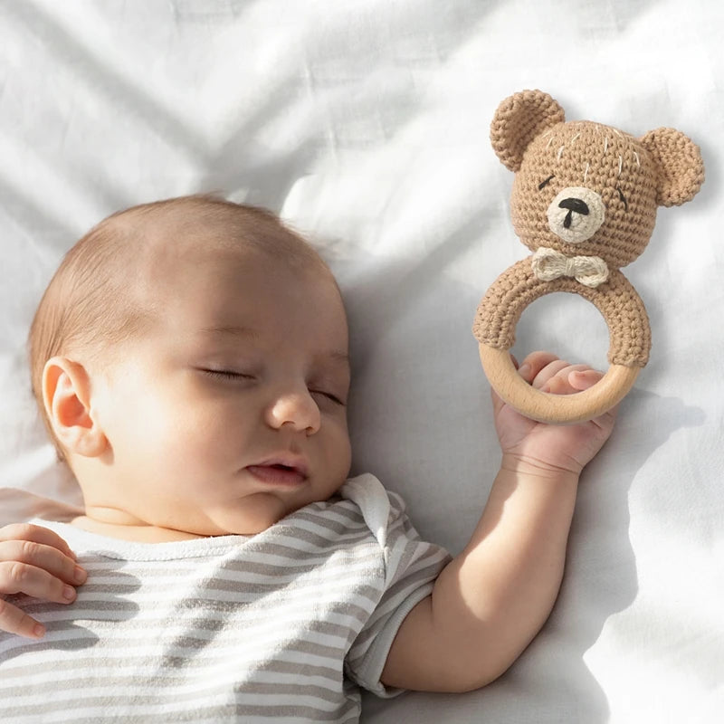 Crochet Bunny Rattle Teether | Wooden Ring Baby Gym Mobile | USA Australia