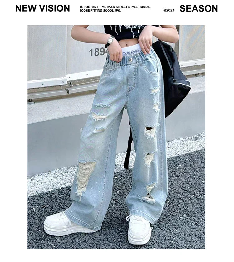 Kids Girls High Fashion Ripped Jeans | Destroyed Denim Pants | Ages 5-14 | USA