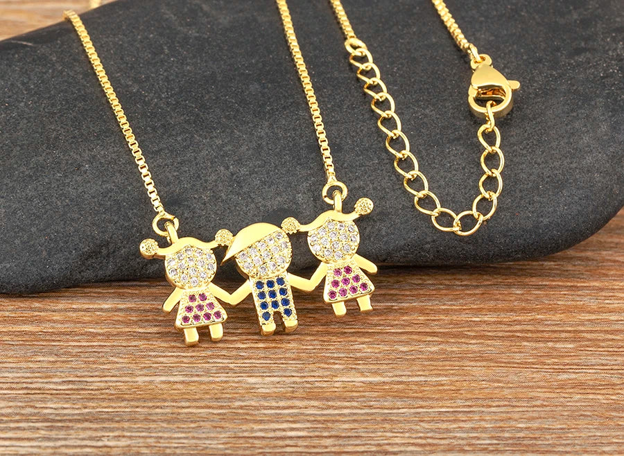 Nidin Gold Plated Family Pendant Necklace | AAA CZ Crystal Kids Jewelry | USA