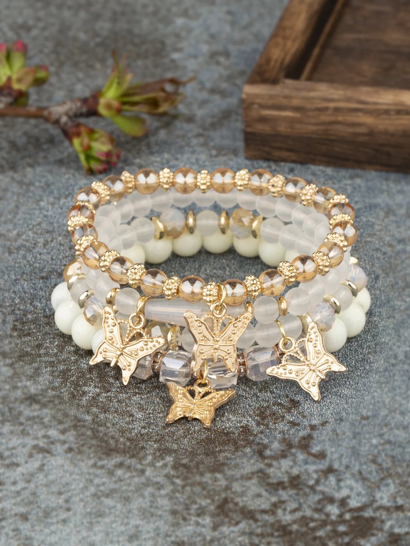 Butterfly Beaded Bracelet Set | 4 Piece Pink Bohemian Stack | USA Australia