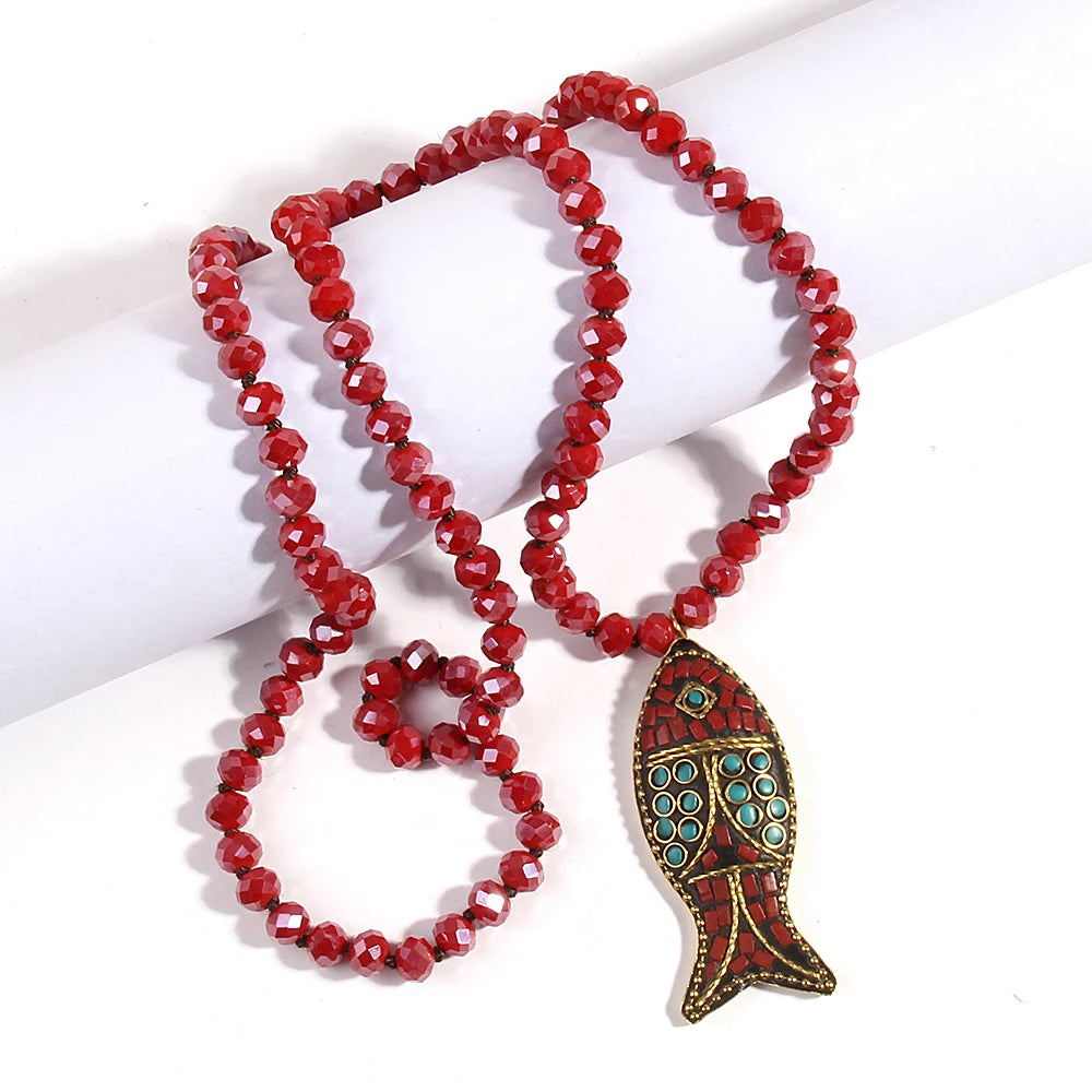 Fashion Bohemian Tribal Necklace | Red Green Crystal Glass Pendant | USA Australia